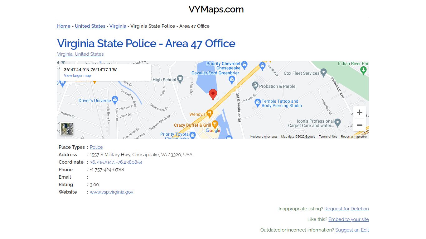 Virginia State Police - Area 47 Office, Virginia (+1 757-424-6788)